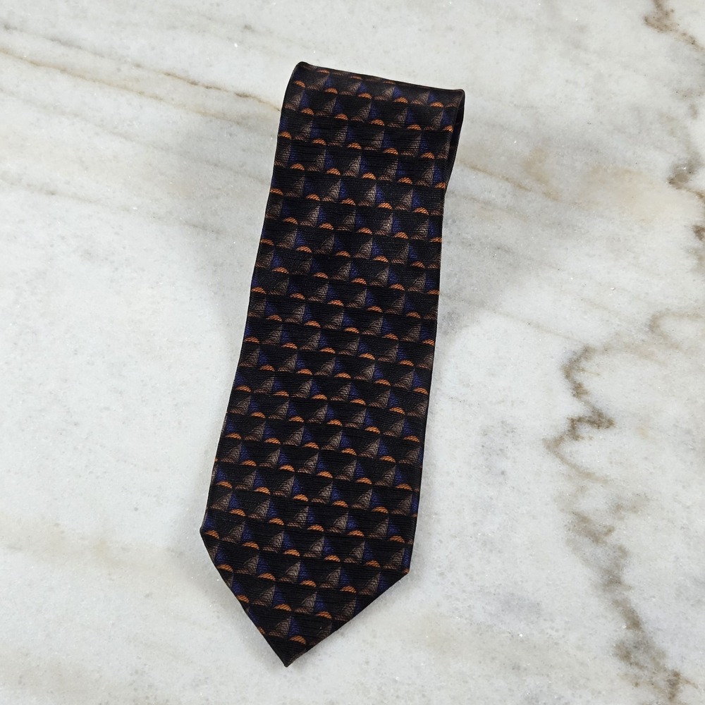 JZ Richards 100% Silk Tie Geometric Sail/Fan Handmade in USA Brown Blue Orange